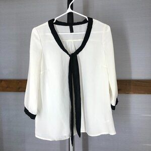 Vero MODA Light Cream Black Trim Front Tie Sheer Blouse Sz S‎
